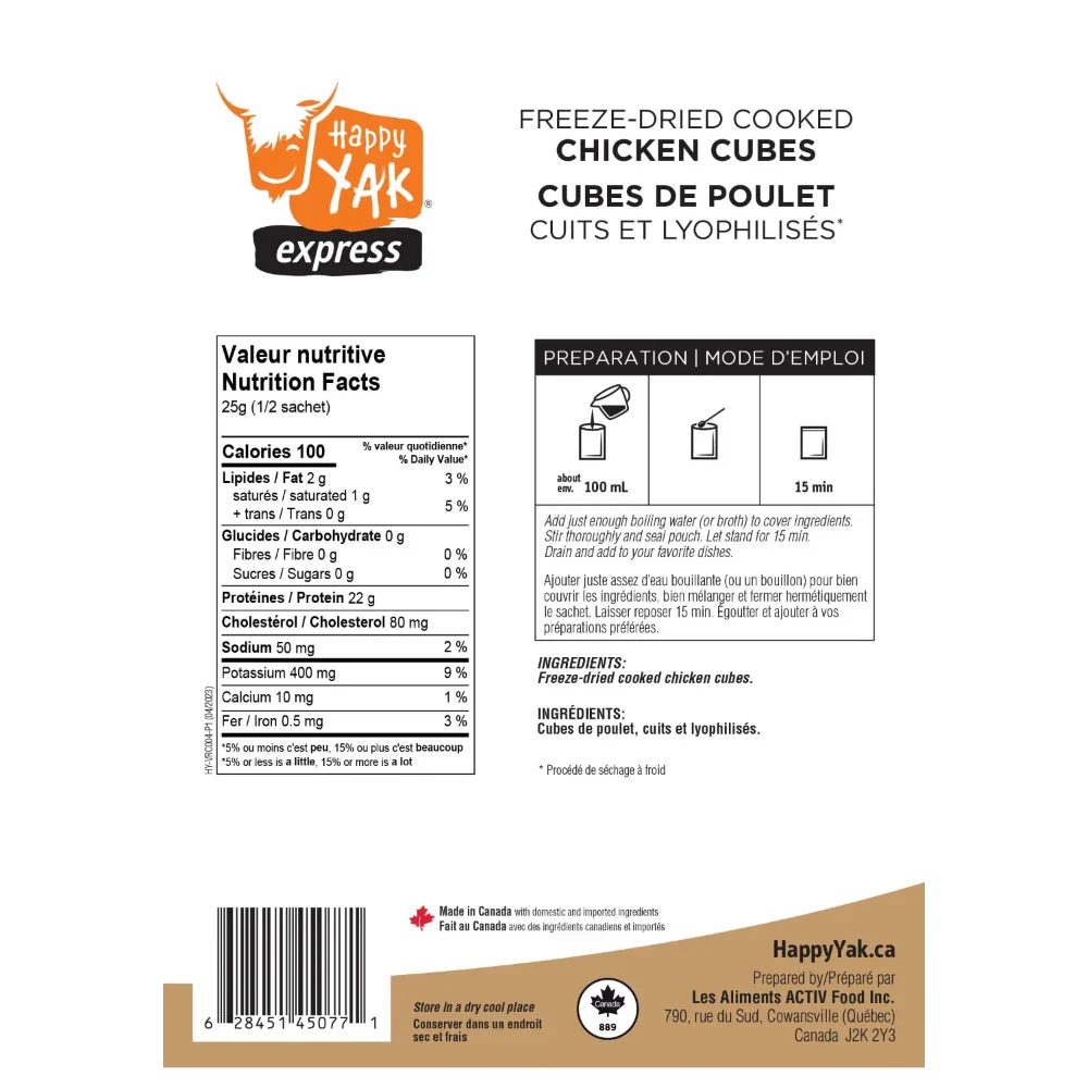 Cubes de poulet lyophylisés de Happy Yak