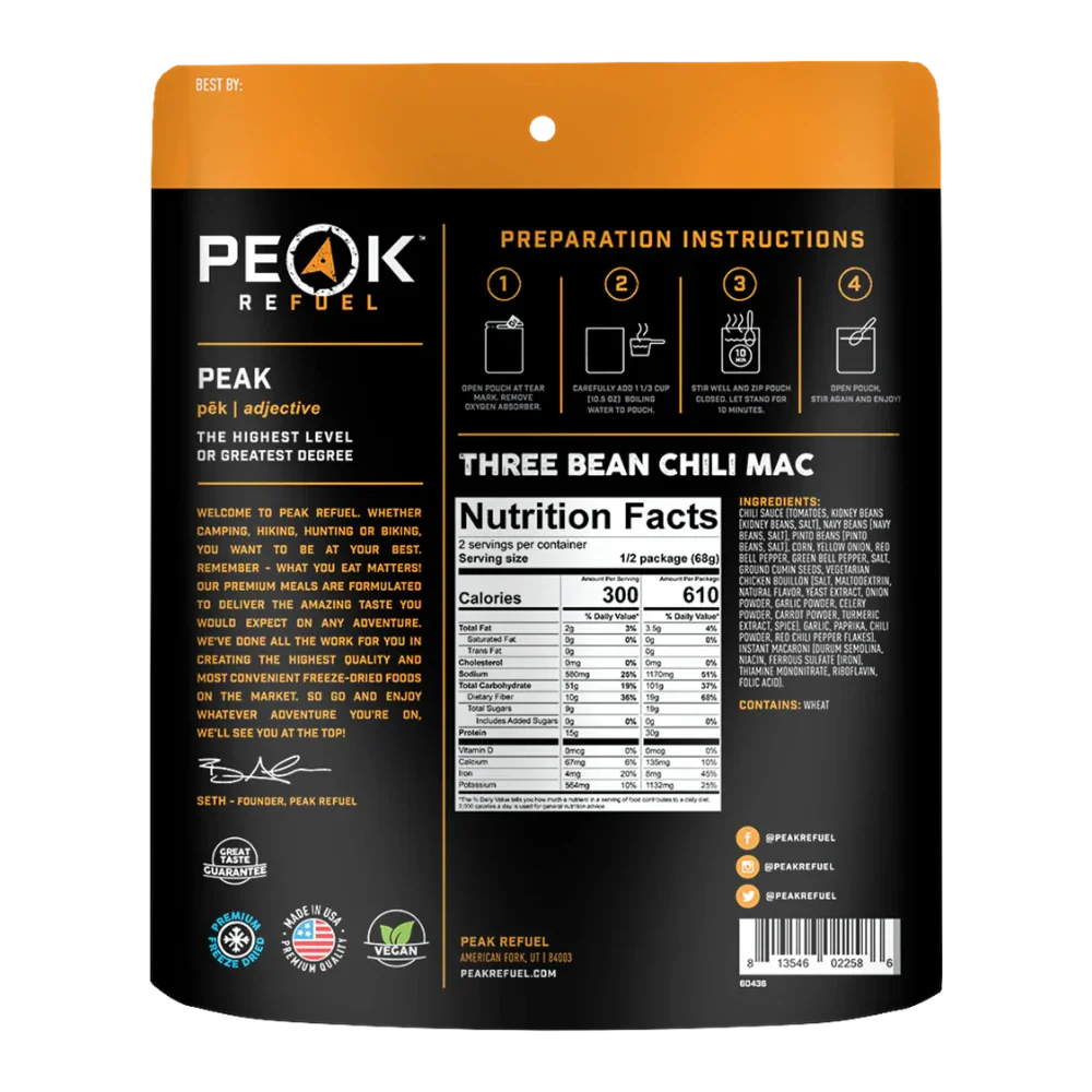Chili Mac aux trois haricots de Peak Refuel - Pagaie Québec