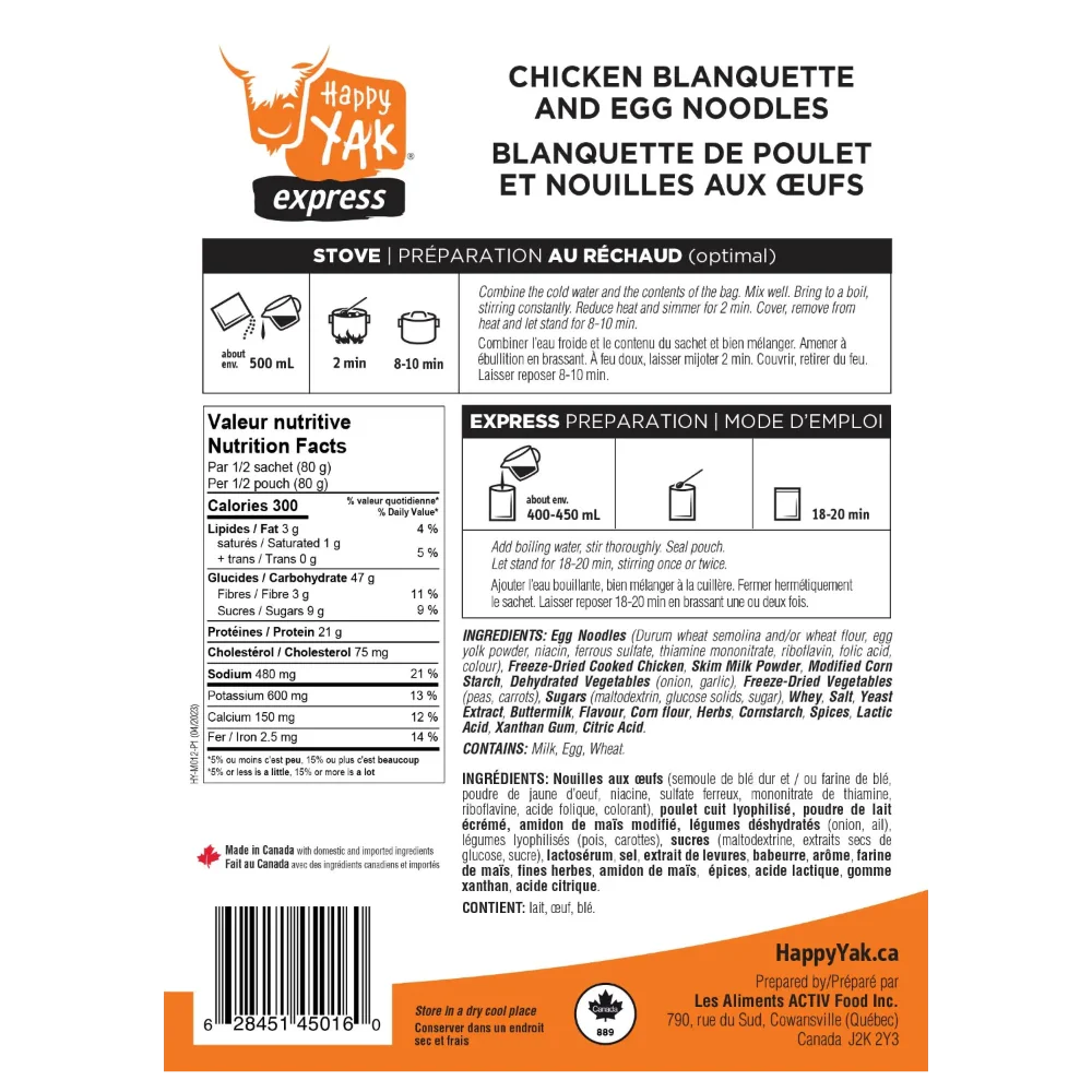 Blanquette de poulet et nouilles aux oeufs de Happy Yak - Pagaie Québec
