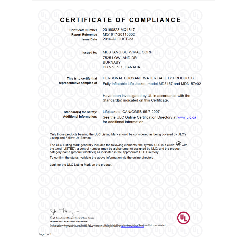 Gilet de sauvetage gonflable (Auto Gonflable Hydrostatique) MD3157 02 de Mustang Survival