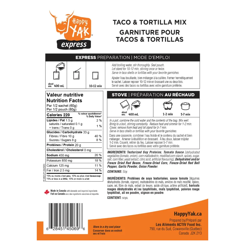 Garniture végétarienne pour tacos ou tortillas de Happy Yak